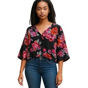 FREE PRESS | Floral Print Button Down Crop Top